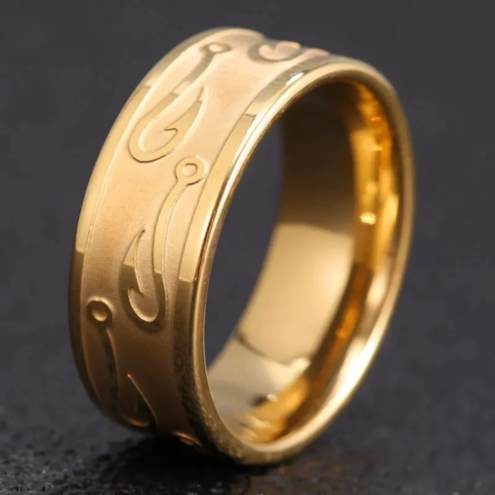 Tungsten Carbide FISHING HOOK Fisherman Angling Gold Silver Black 8mm Band Ring